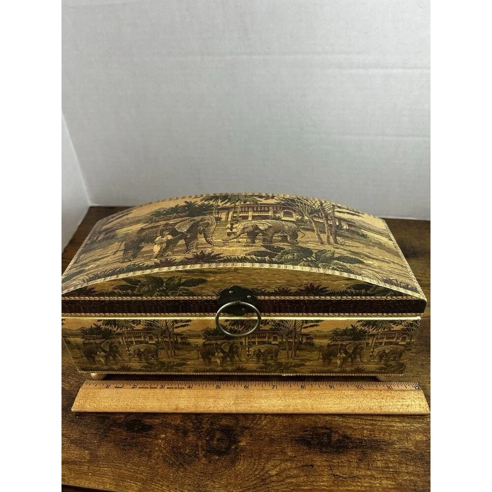 Wood Keepsake Chest Box Jungle Elephant Design Hinge Lid Decorative Storage Case